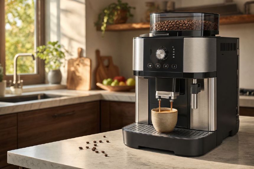 Espressor automat pregatind cafea din boabe proaspat rasnite