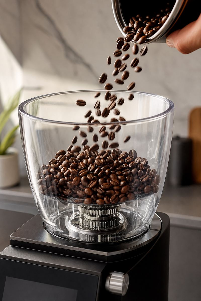 Boabe de cafea langa rasnita unui espressor automat