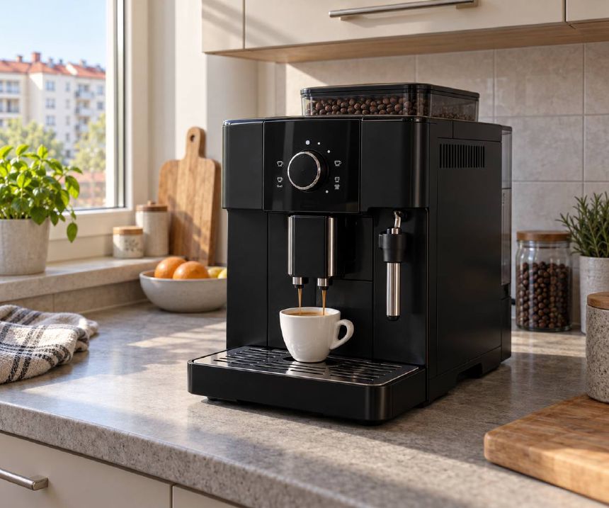 Espressor automat negru pe blat, langa o ceasca de espresso