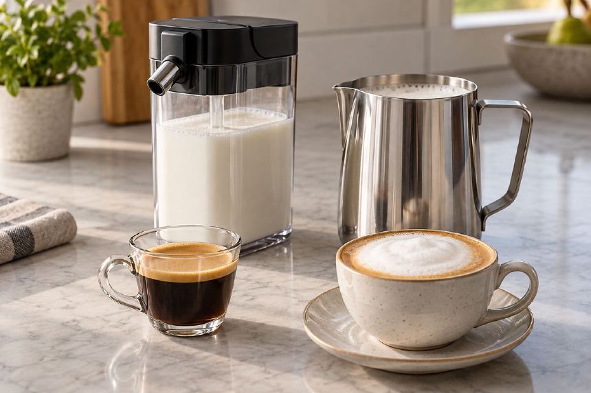 Carafa pentru lapte si recipient inox langa doua cafele