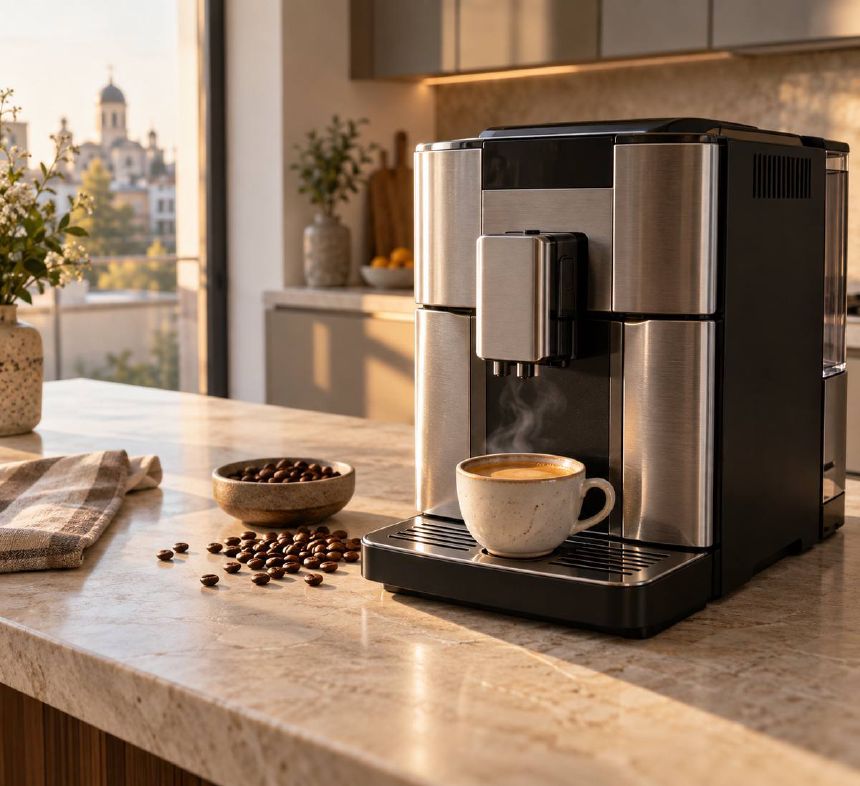 Espressor automat cu rasnita intr-o bucatarie moderna