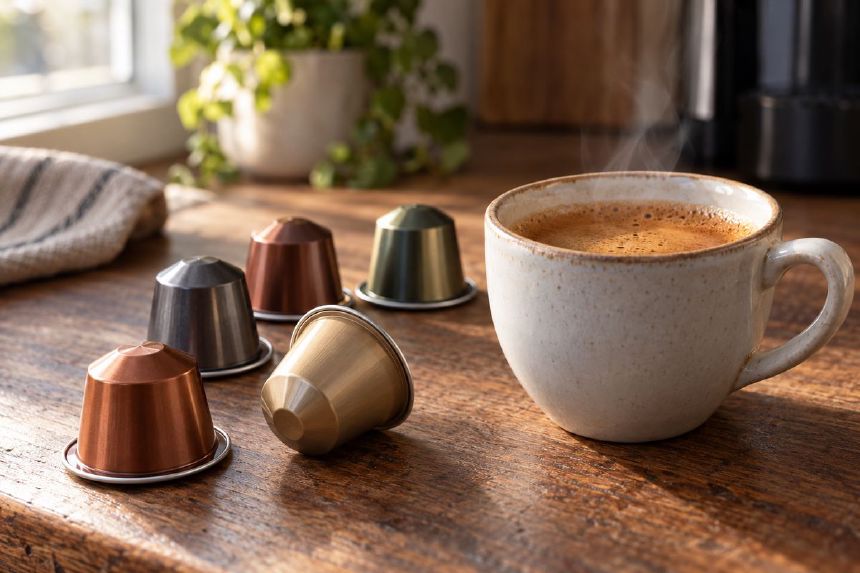 Capsule de cafea si ceasca de espresso