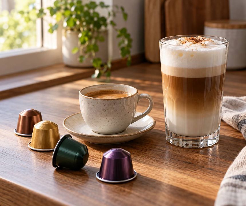 Capsule de cafea langa o ceasca si o cana