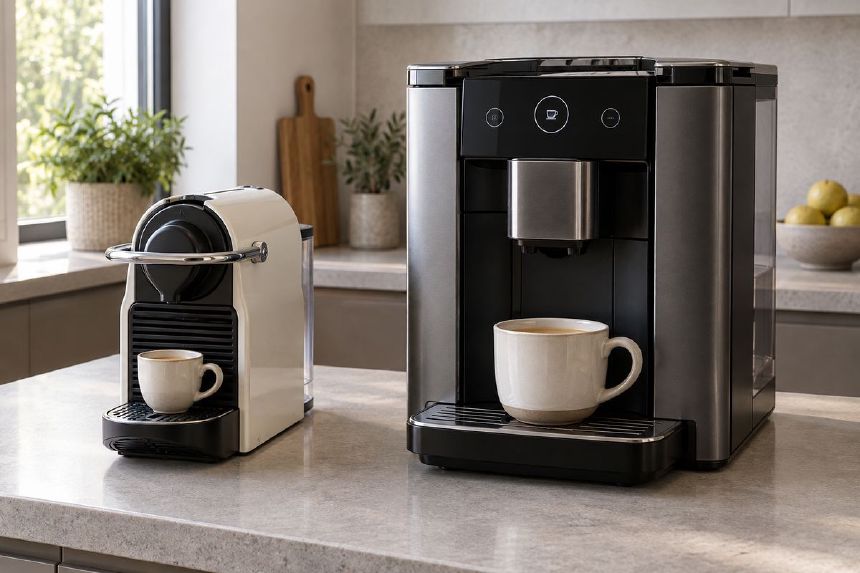 Espressor compact si aparat multicapsula pe blat