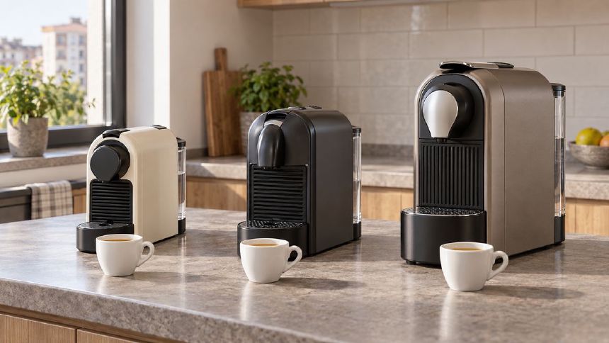 Trei espressoare compacte comparate intr-o bucatarie