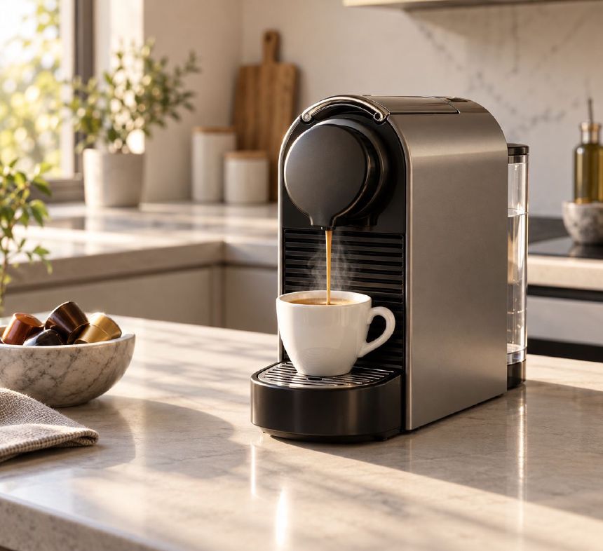 Espressor compact cu capsula pe un blat de bucatarie