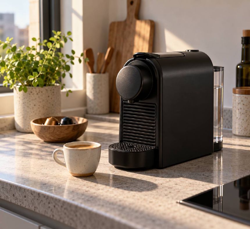 Espressor compact cu capsule pe un blat de bucatarie
