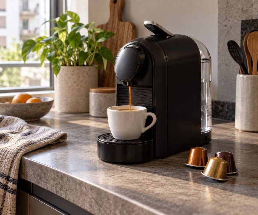Espressor compact cu capsule langa o ceasca de espresso