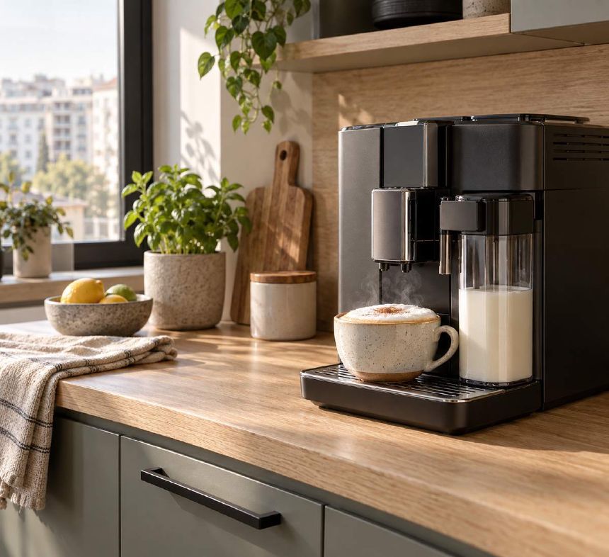Espressor automat si ceasca de cappuccino pe blatul bucatariei