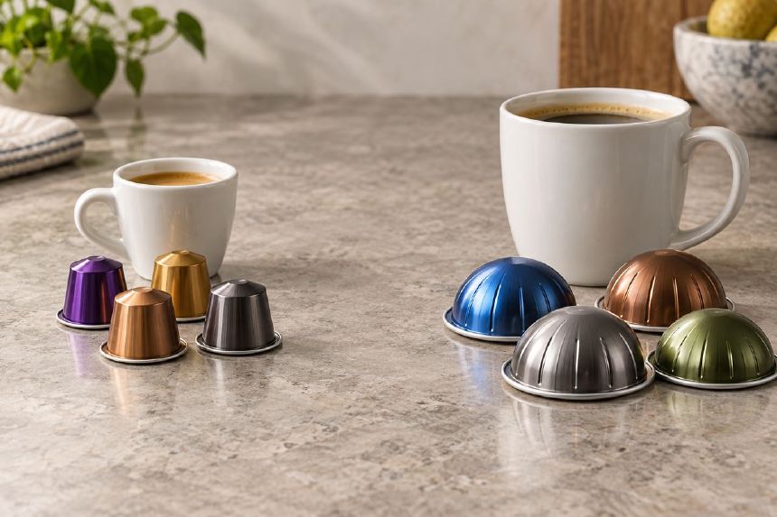 Doua formate diferite de capsule de cafea langa cesti de marimi diferite