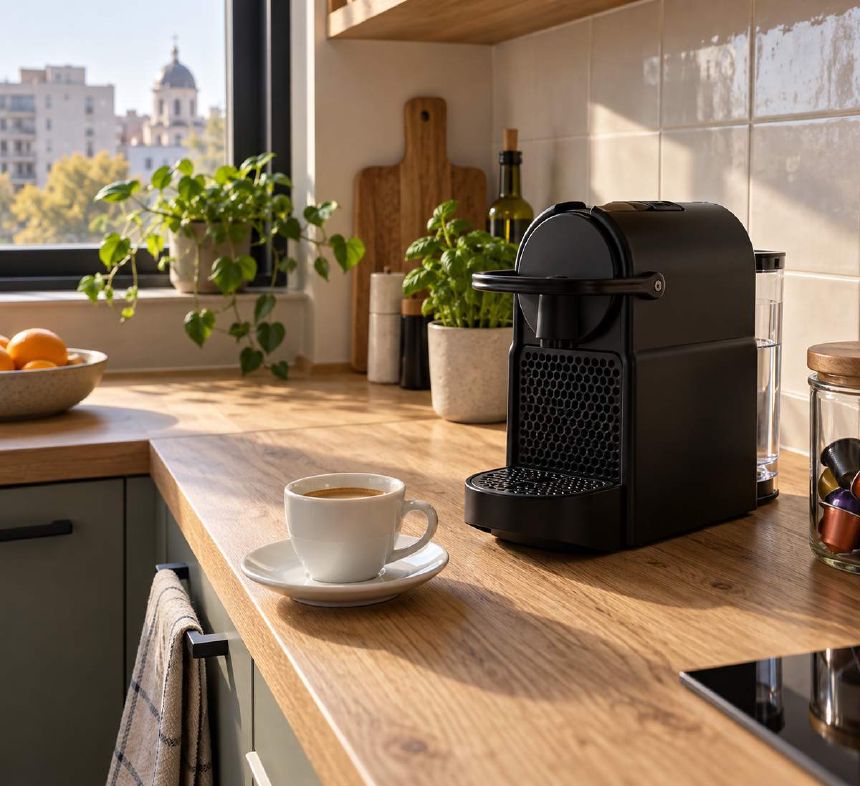 Espressor compact negru langa o ceasca de espresso pe blatul bucatariei