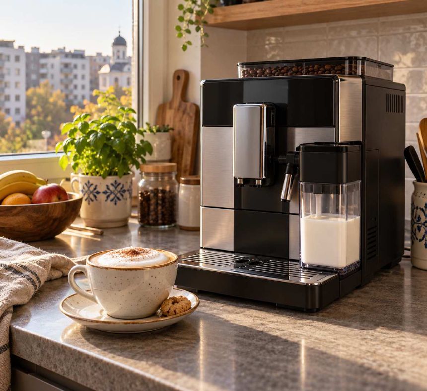 Espressor automat pe blatul bucatariei langa un cappuccino