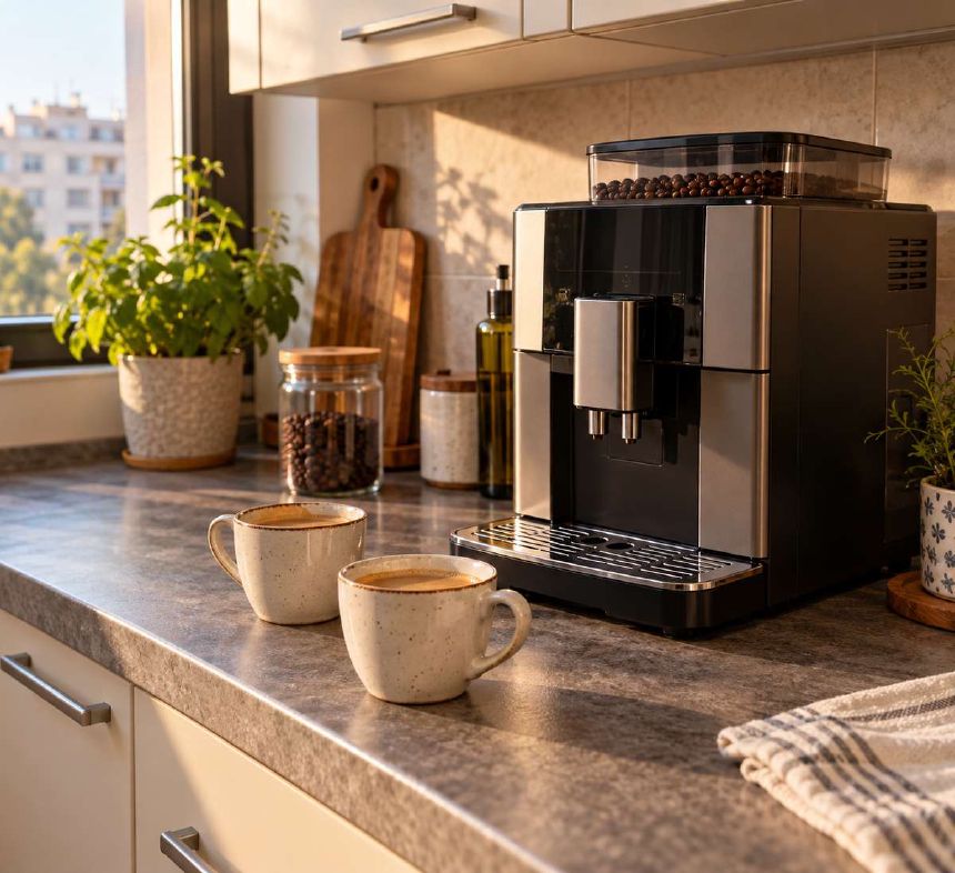 Espressor automat cu doua cesti pe un blat de bucatarie