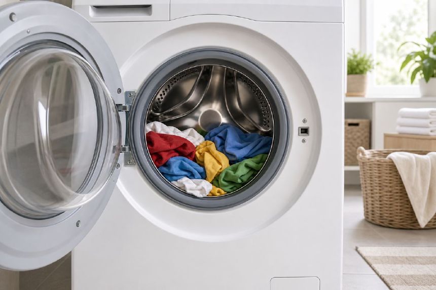 Tambur cu rufe colorate pregatite pentru spalare