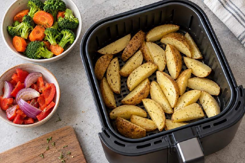 Cos mare de friteuza si doua portii pregatite pentru gatire