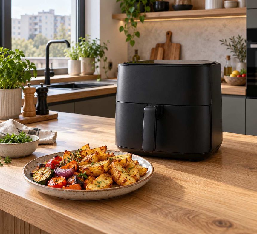 Friteuza cu aer cald pe blat, langa cartofi rumeniti si legume