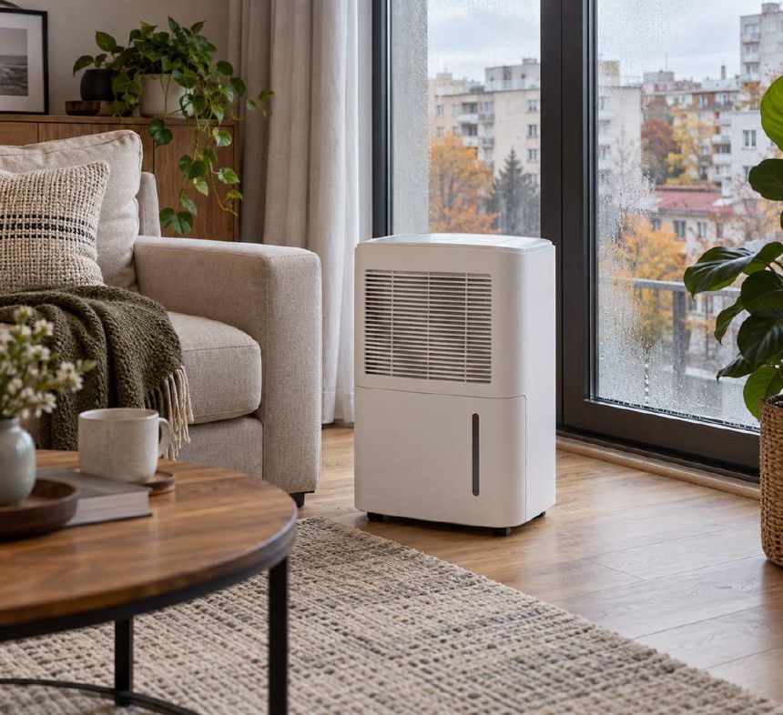 Dezumidificator alb intr-un living cu ferestre mari