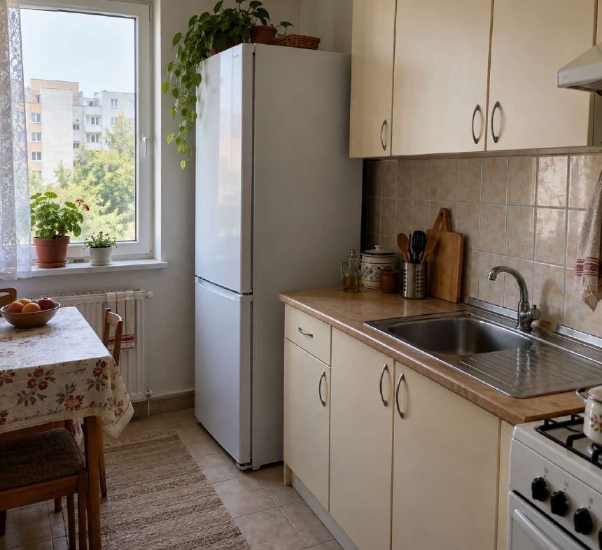 Frigider independent intr-o bucatarie mica de apartament
