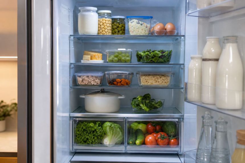 Rafturi de frigider organizate cu alimente proaspete