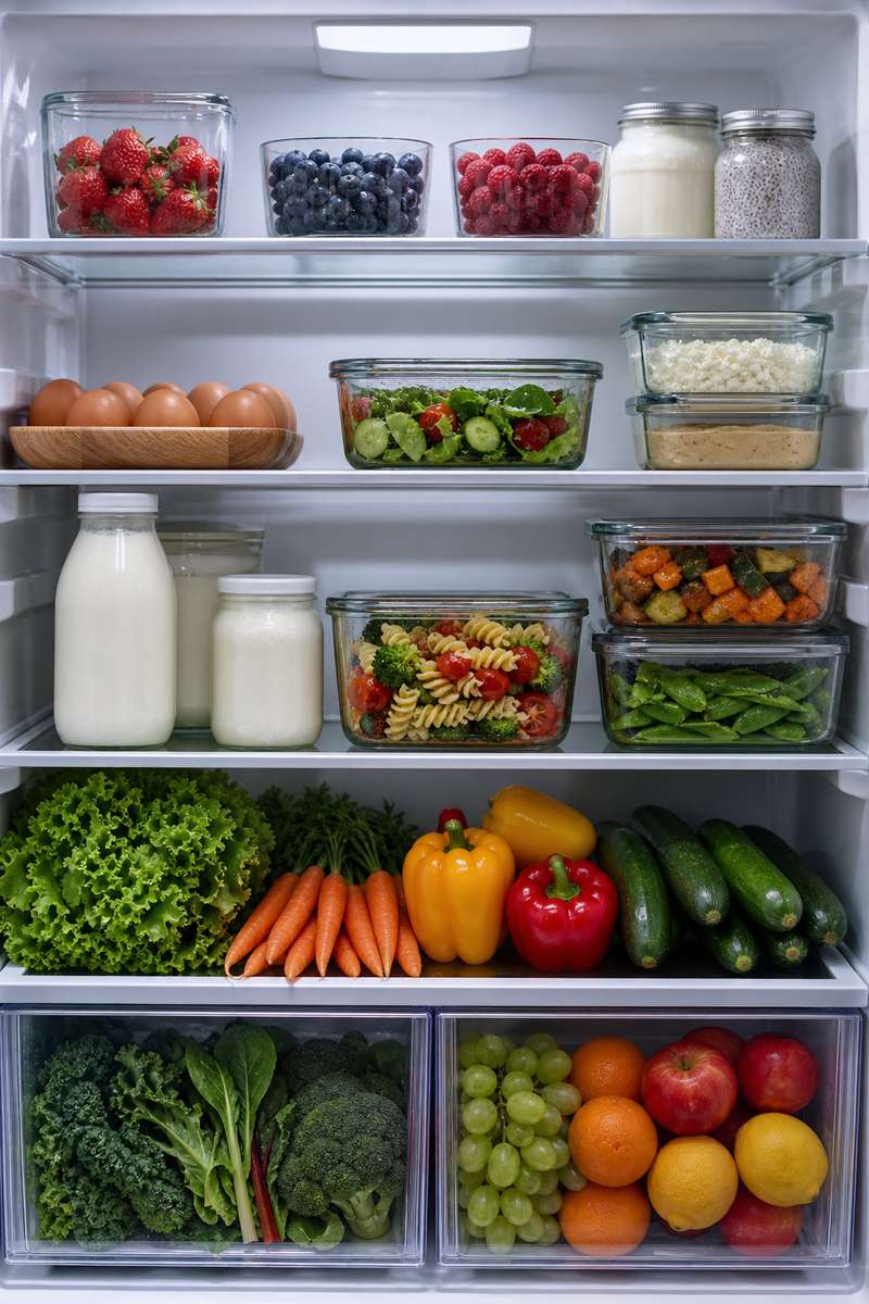 Interior organizat de frigider cu alimente proaspete