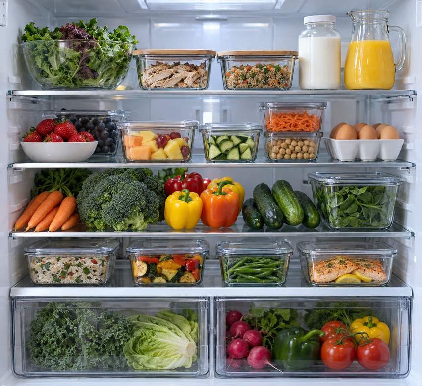 Interior organizat de frigider cu recipiente si legume
