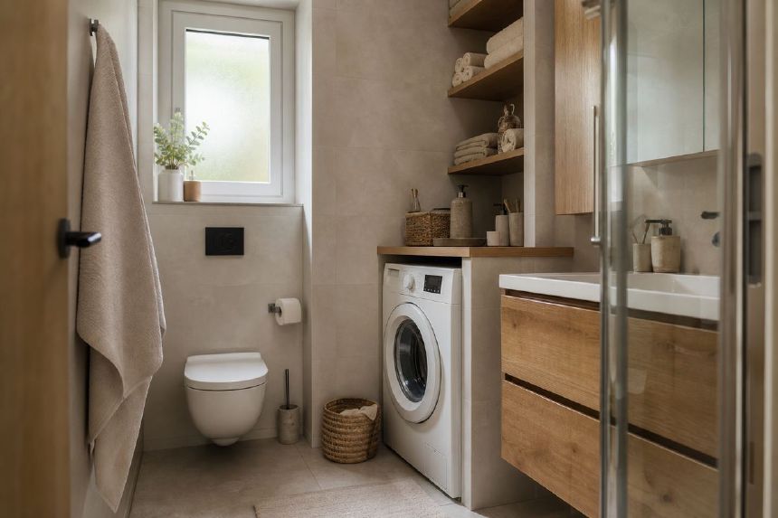 Masina de spalat slim intr-o baie compacta