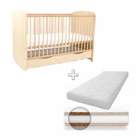 Patut din lemn cu sertar si leganare Natur + Saltea 12 cm