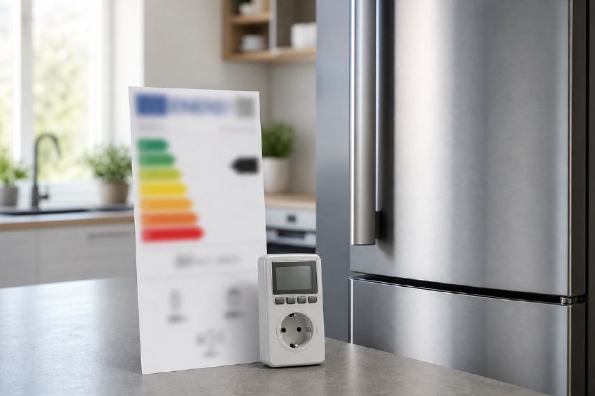 Eticheta energetica si contor electric langa frigider