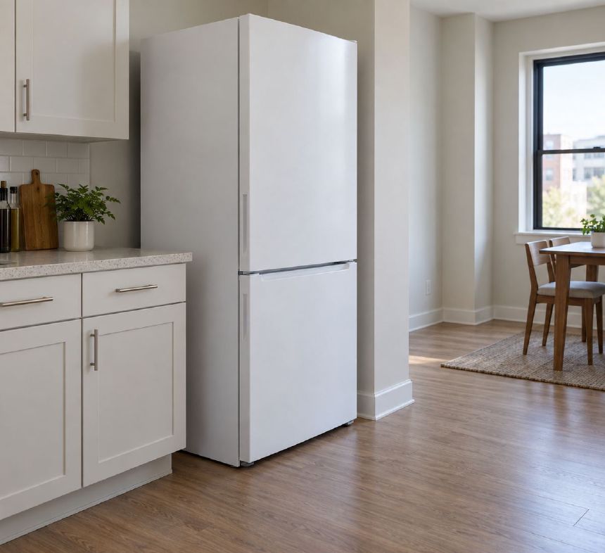 Frigider independent amplasat langa mobilier cu spatiu de ventilatie