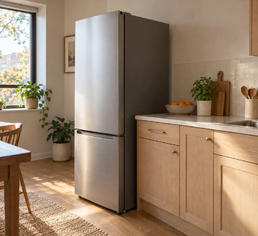 Frigider independent langa mobilier cu spatiu liber pentru ventilatie