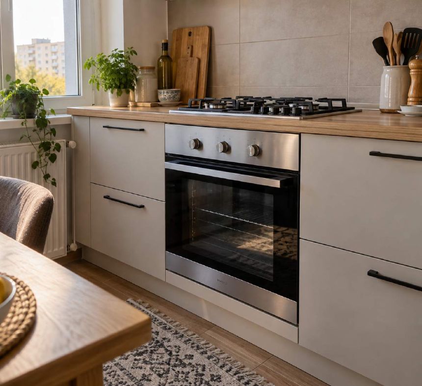 Cuptor cu finisaj inox integrat sub blatul unei bucatarii
