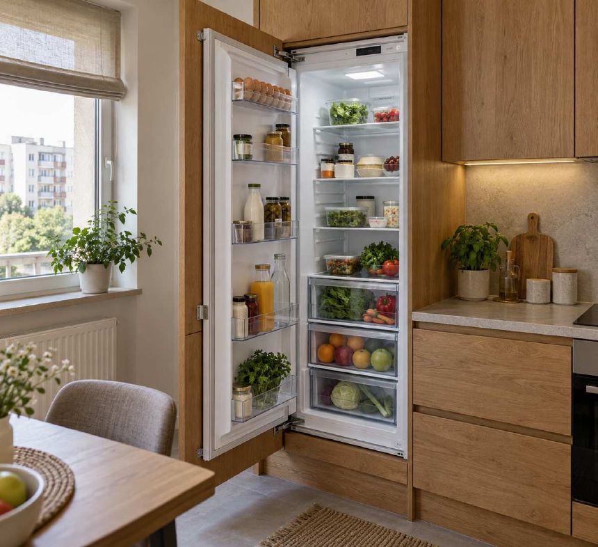 Frigider integrat intr-o coloana de mobilier cu usa deschisa