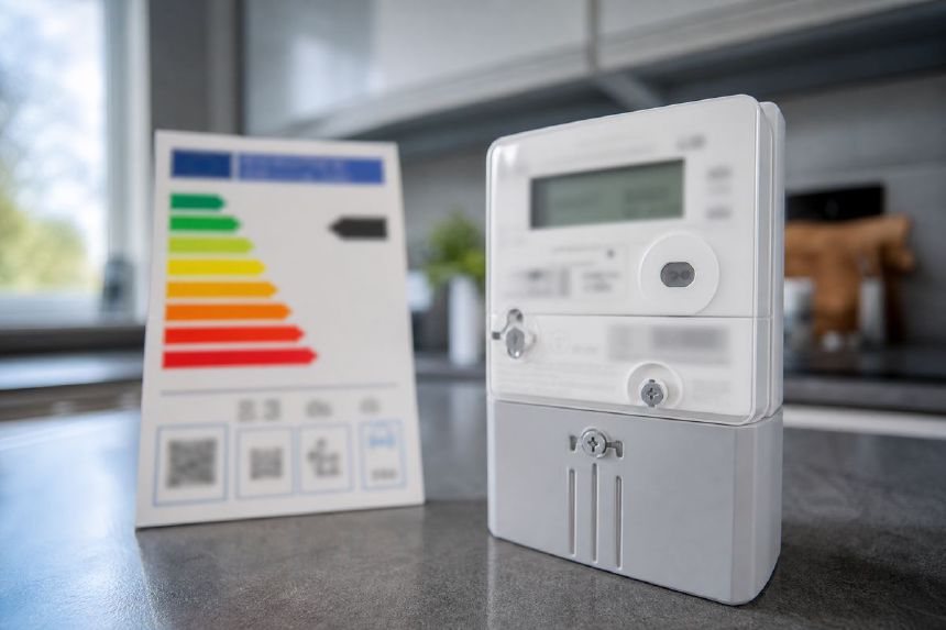 eticheta energetica si contor de energie langa frigider