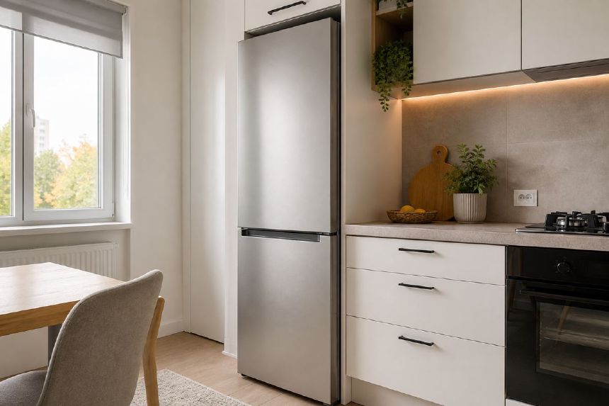 frigider modern cu doua usi intr-o bucatarie luminoasa