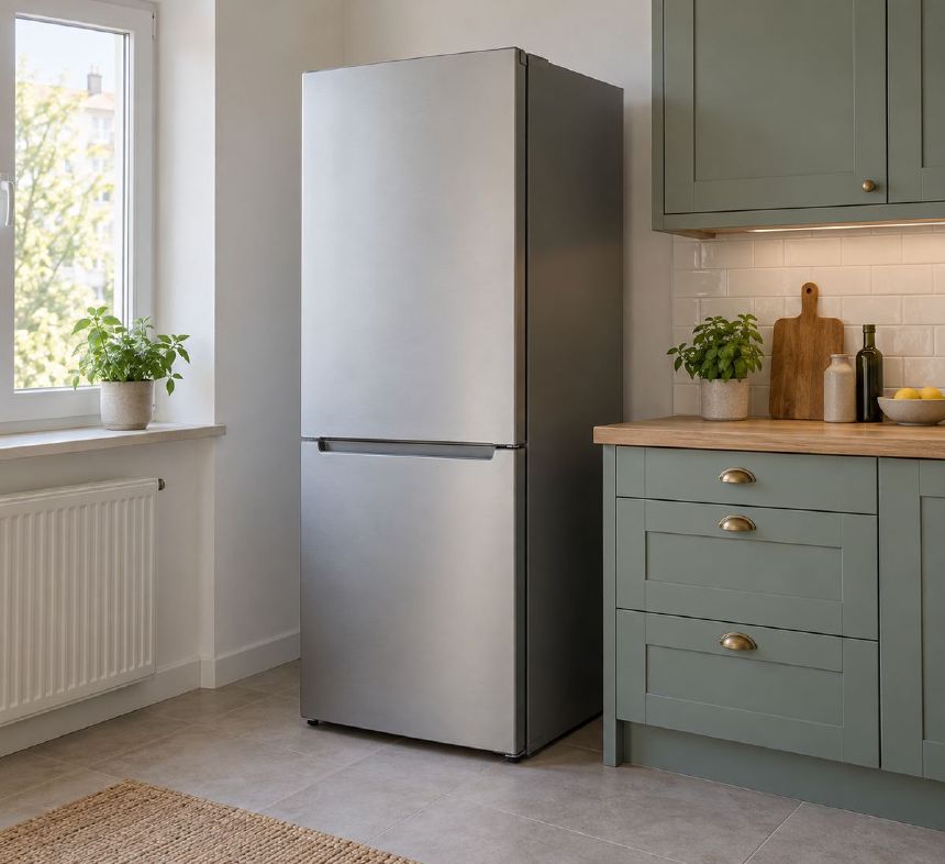 Frigider independent amplasat langa mobilier cu spatiu de ventilatie