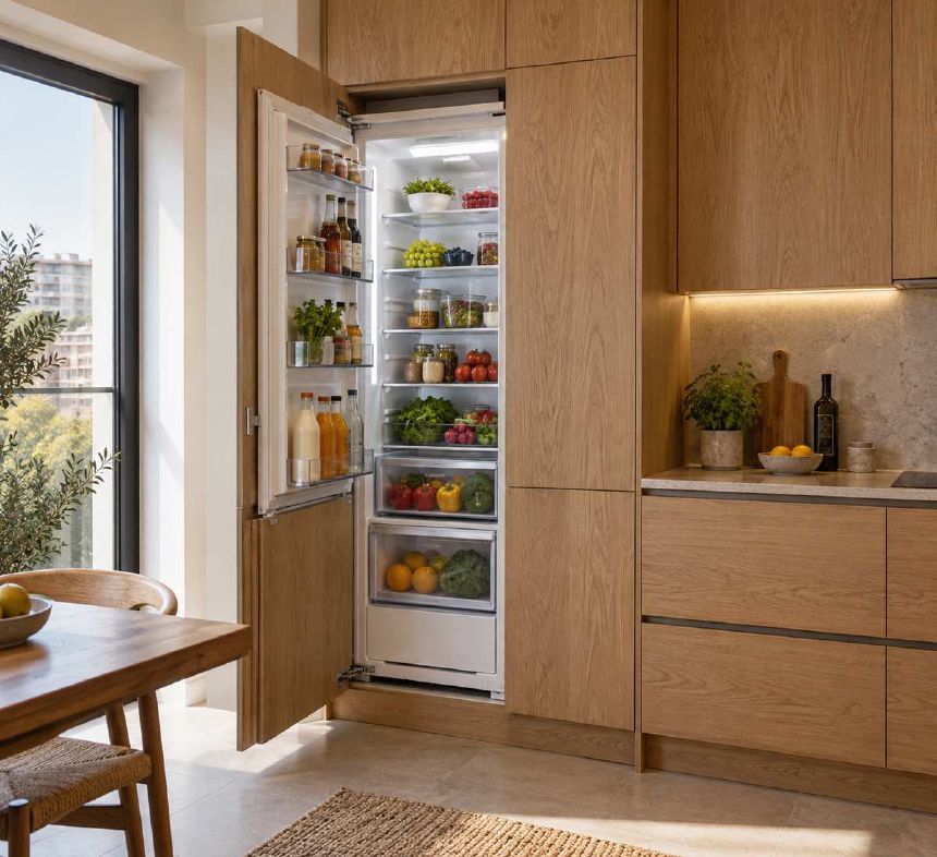 Frigider integrat intr-o coloana de mobilier cu usa deschisa