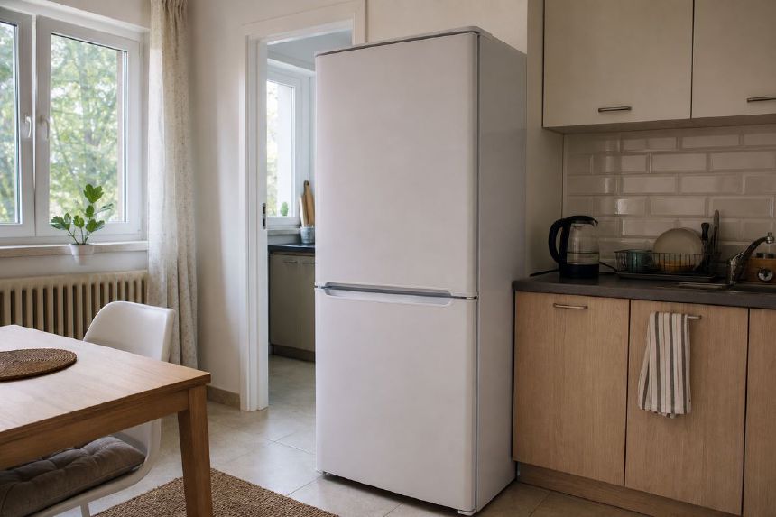Frigider alb cu doua usi intr-o bucatarie moderna