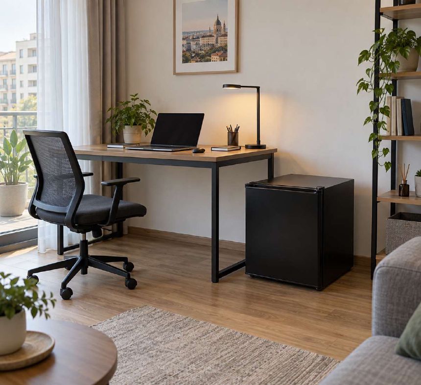 Frigider compact negru langa un birou, cu spatiu liber pentru ventilatie