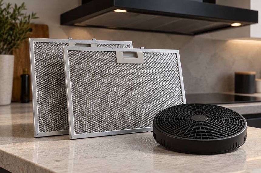 Filtre metalice pentru grasime si filtru cu carbon asezate pe blat