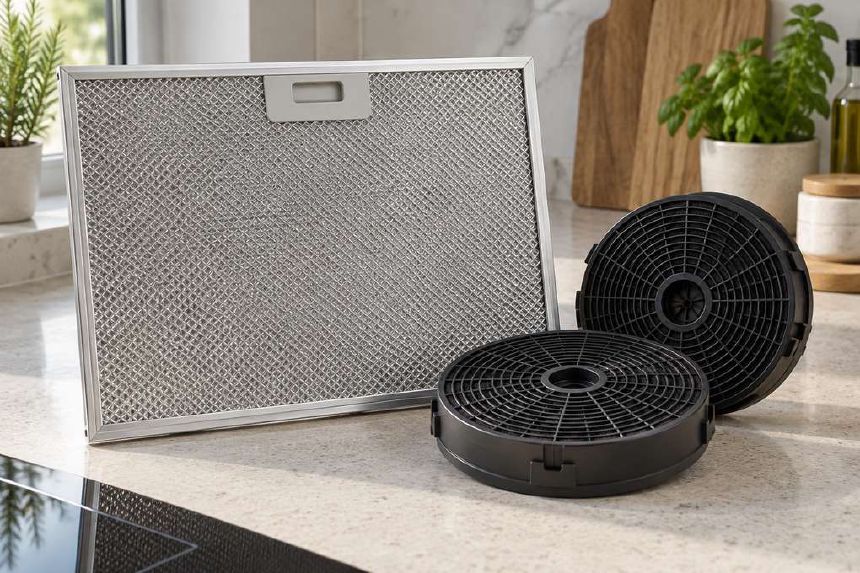 Filtru metalic si filtre rotunde de carbon pe blatul bucatariei