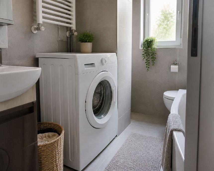 Masina de spalat slim alba intr-o baie compacta