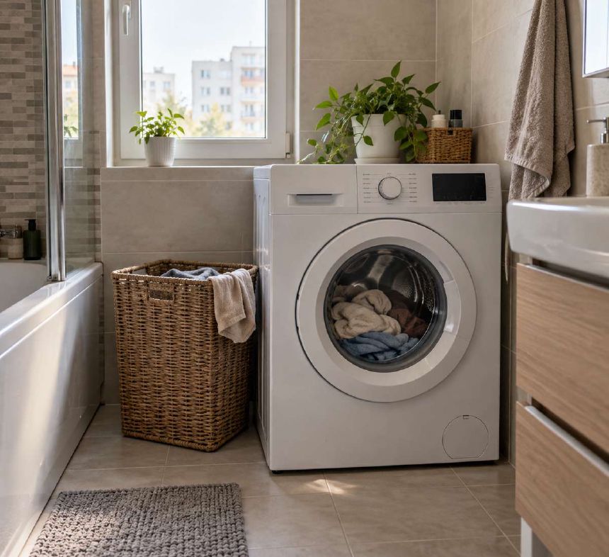 Masina de spalat frontala alba intr-o baie de apartament