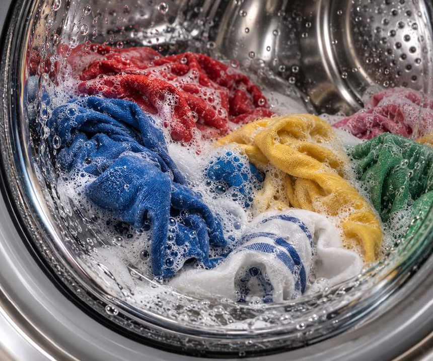 Rufe colorate si spuma fina prin hubloul masinii de spalat