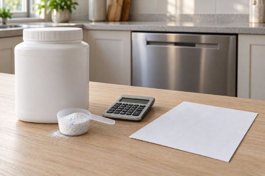 Detergent pentru masina de vase si factura pe blatul bucatariei