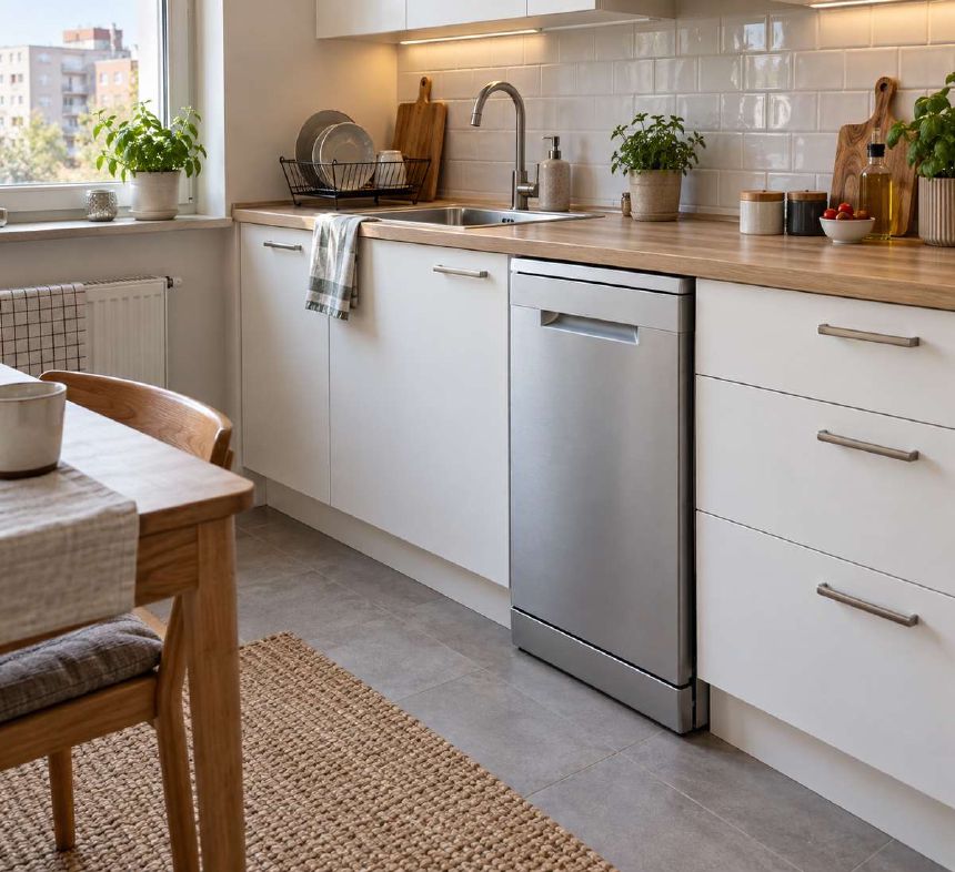 Masina slim argintie pentru vase intr-o bucatarie de apartament