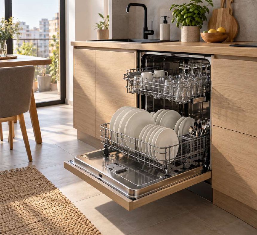 Masina integrata in mobilier de bucatarie, cu usa deschisa