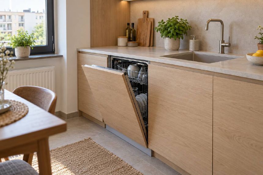 Masina de spalat vase integrata intr-o bucatarie cu mobilier deschis