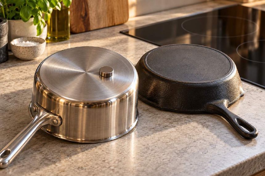 Oala din inox si tigaie din fonta cu baze plate