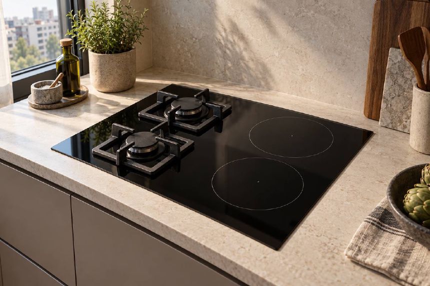 Plita neagra cu doua arzatoare pe gaz si doua zone de inductie