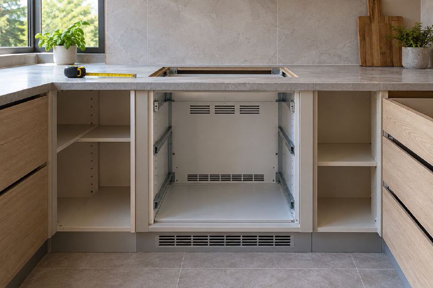 Mobilier de bucatarie pregatit pentru montarea cuptorului si plitei